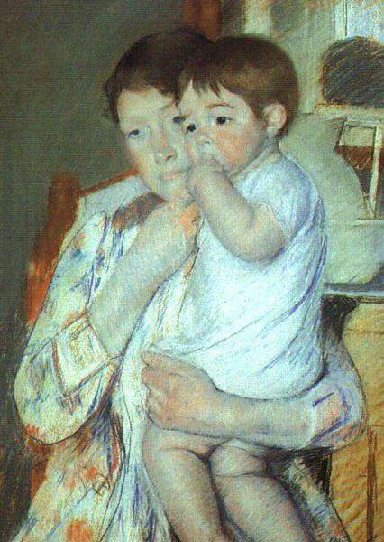 Mary Cassatt Mother and Child against a Green Background oil painting image